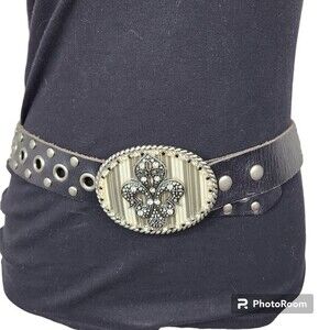 Black Leather Womens Belt Embellished Bling Buckle Statement